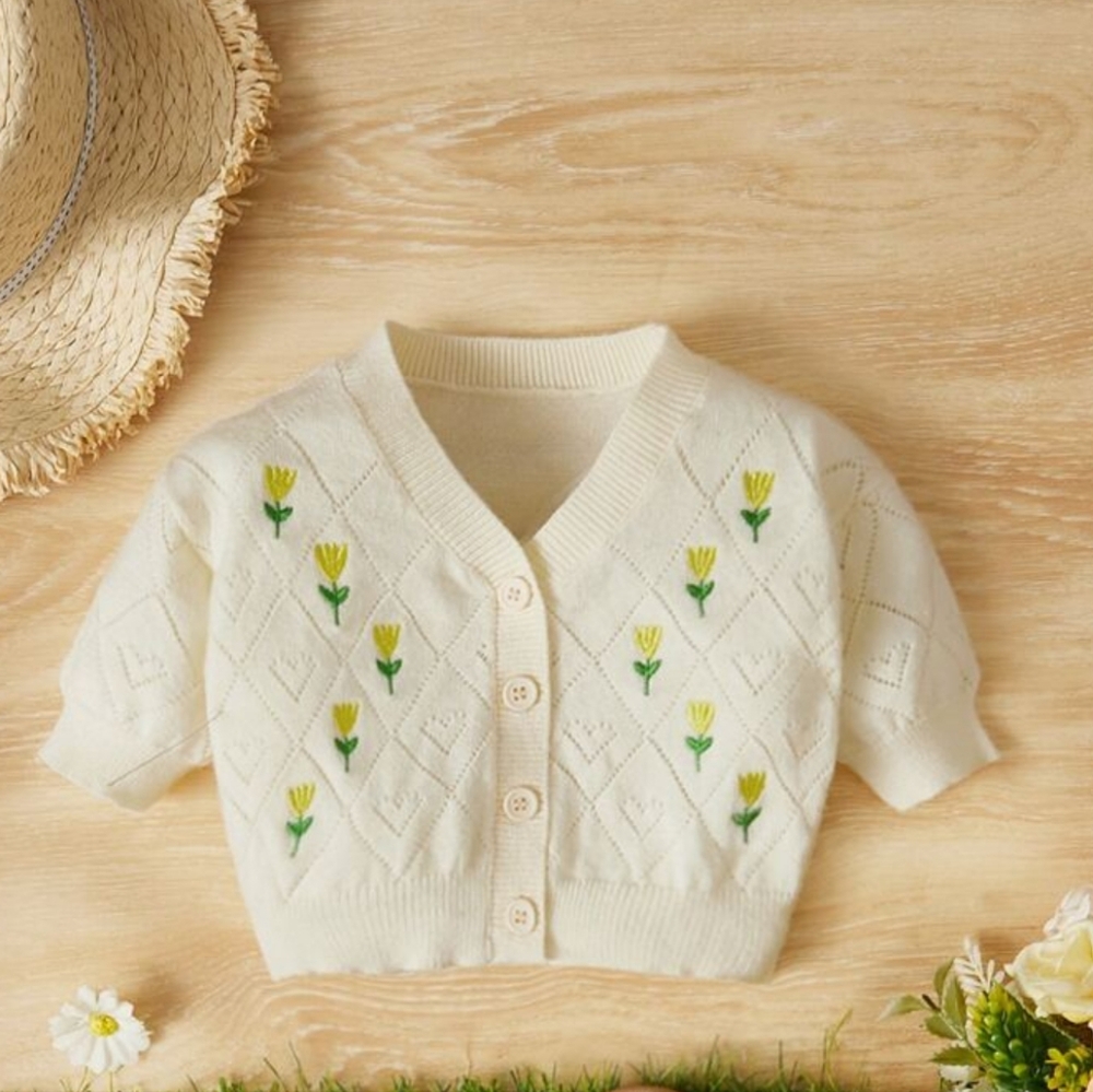 DAZY Floral Pattern Scallop Trim Pointelle Knit Cardigan Size‎ Small